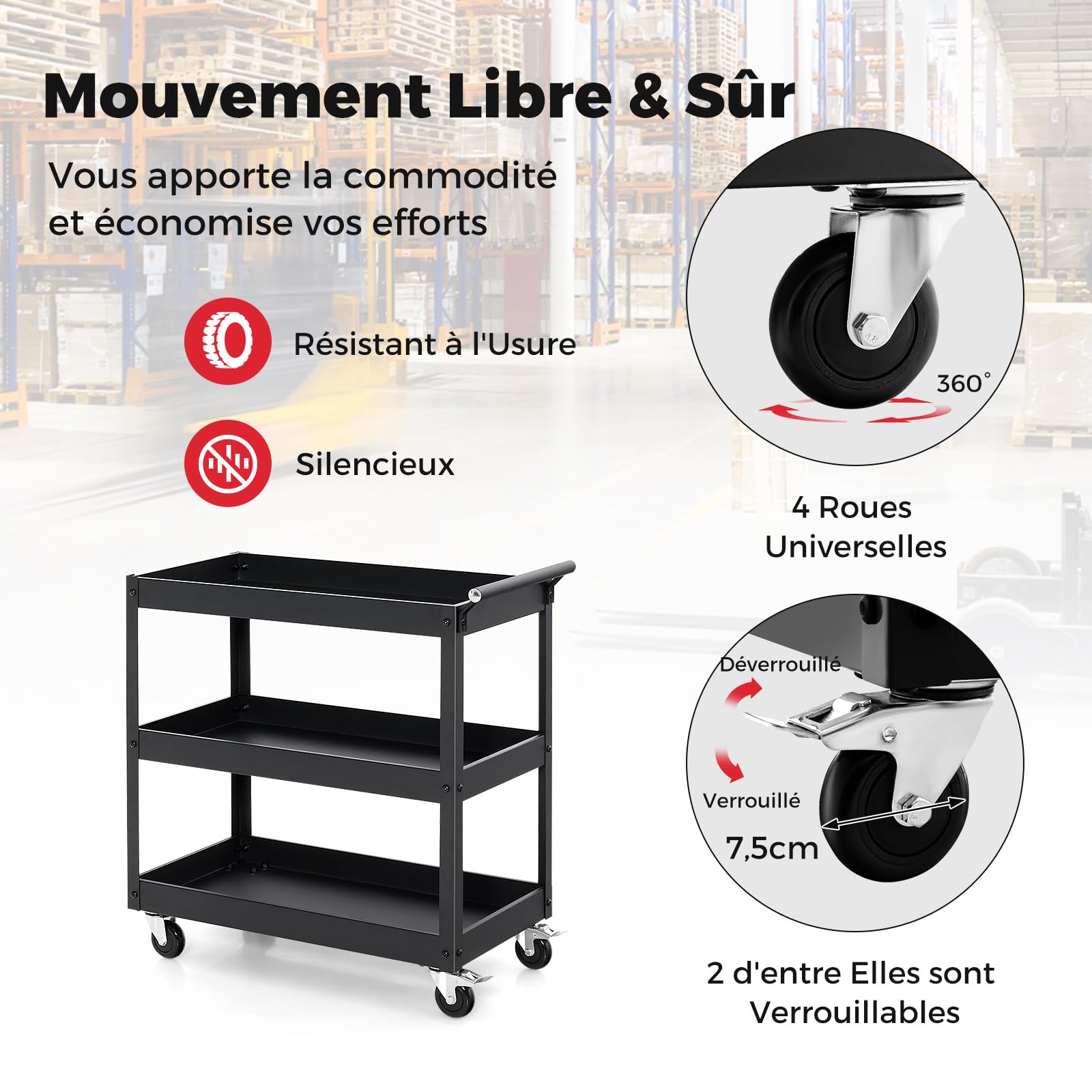 GYMAX Chariot à Outils d'Atelier 3 Niveaux, Chariot de Service en Métal, 4 Roues Universelles dont 2 avec Freins, Charge 120KG, Organisateur de Rangement Mobile, pour Maison, Cuisine, Entrepôt, Garage