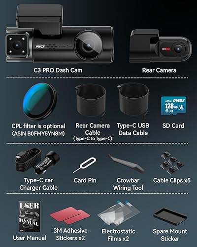 Miniatura 8 de IIWEY Cámara de tablero 4K de 3 canales, triple STARVIS 2 sensores (IMX678 frontal, IMX675 cabina y trasera), 4K+2K+1080P HDR, visión nocturna 3.0,