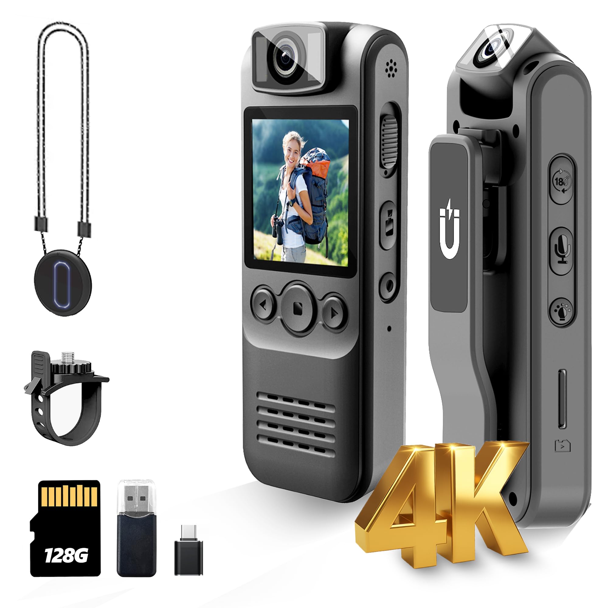 4K 128GB Body Camera, Audio and Video Recording, with Magnetic Back Clip&Bike Mount, 180°Rotating Lens, Wearable Portable Bodycam for Outdoor/Sports/Security/Police-image-24