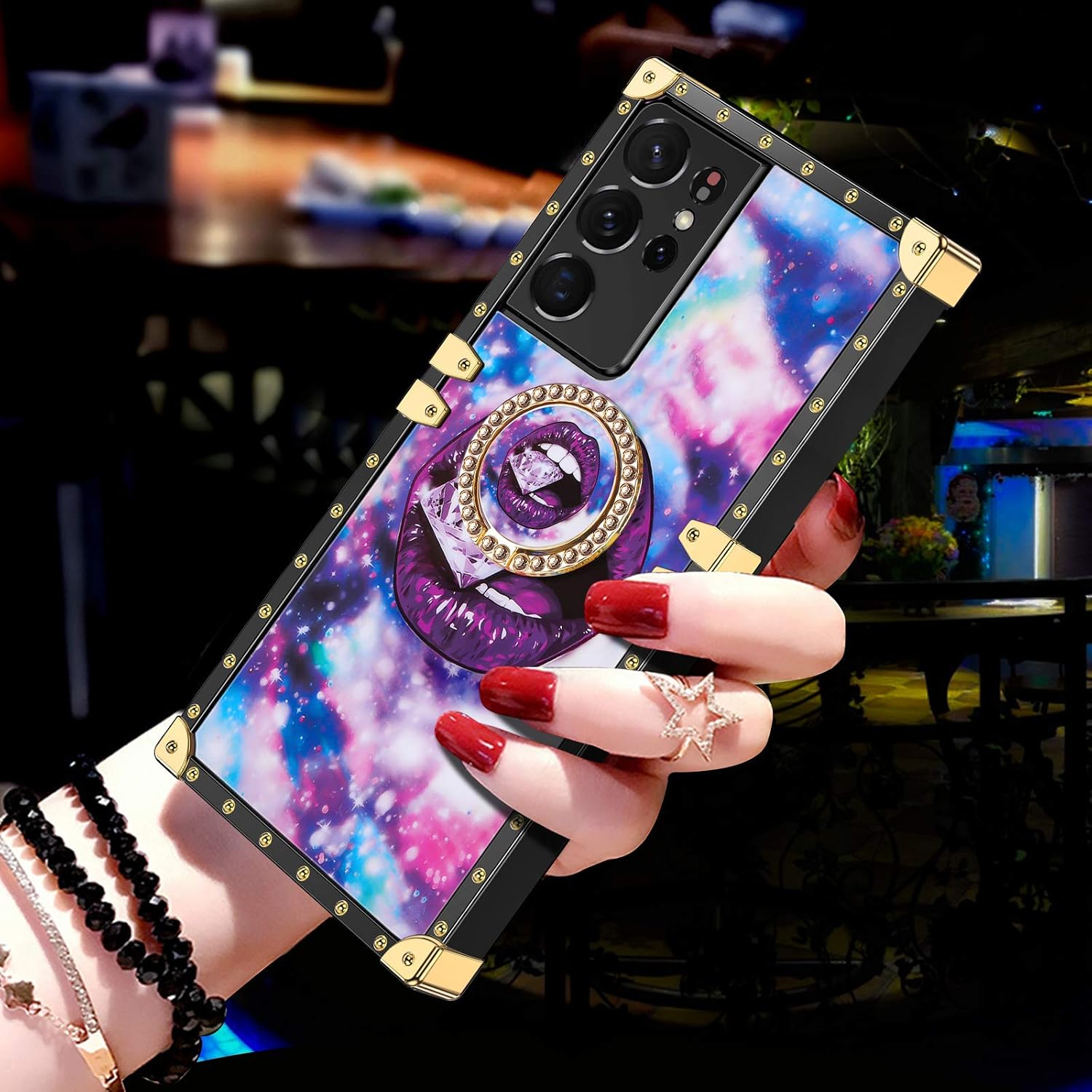JAKPAK for Samsung Galaxy S21 Ultra 5G Case with Ring Holder Kickstand Case for Girls Women Luxury TPU Case Shockproof Protective Cover Compatible with Samsung Galaxy S21 Ultra 5G 6.8 inch Purple Lip