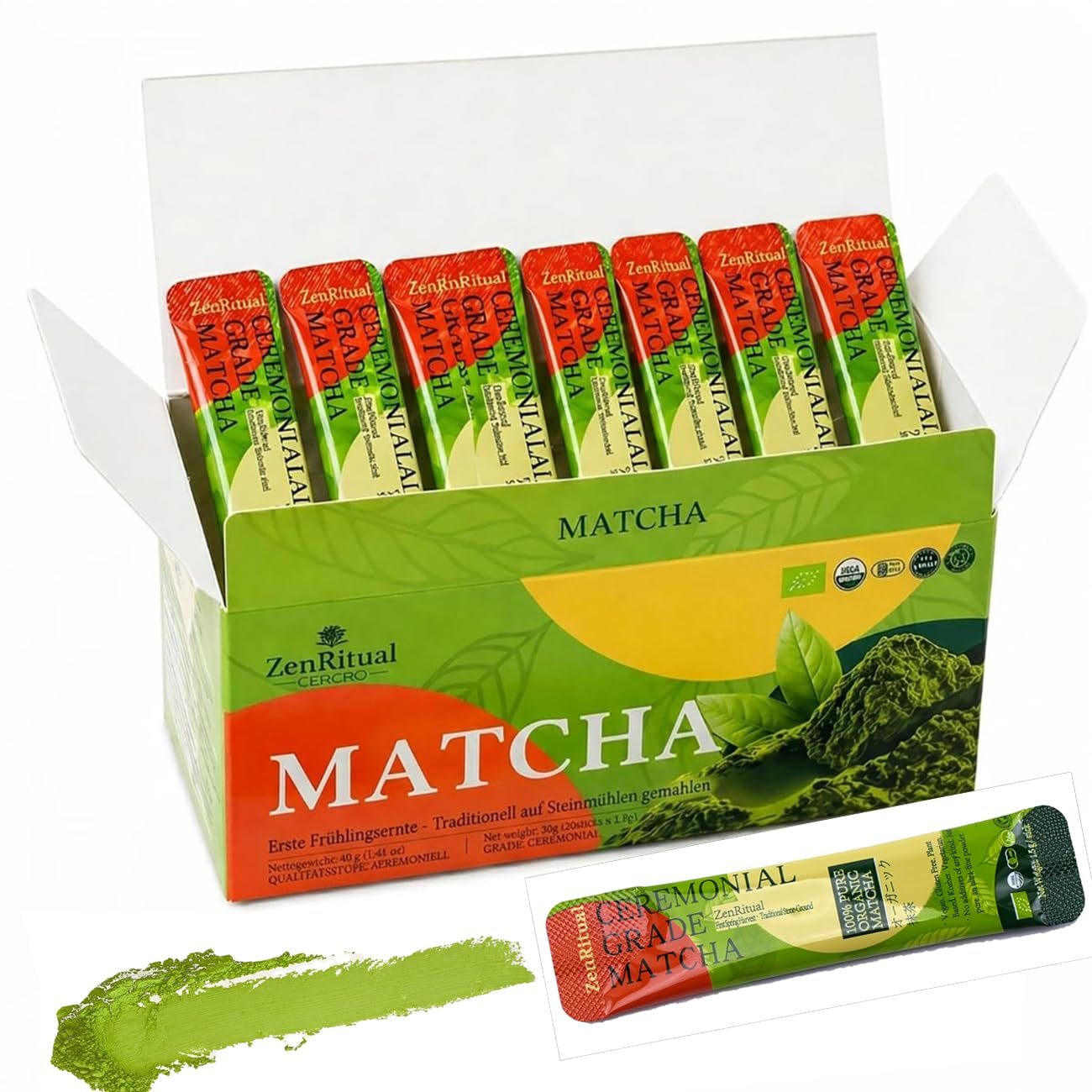ZenRitual Matcha Pulver Tee Sticks, Portionsbeutel Sachets to go, 20 Stück | Zeremonienqualität · 1. Ernte Frühling · Laborgeprüft · Ohne Zucker · Matcha Latte, Iced Latte & Tee · Je 1,5g Portion