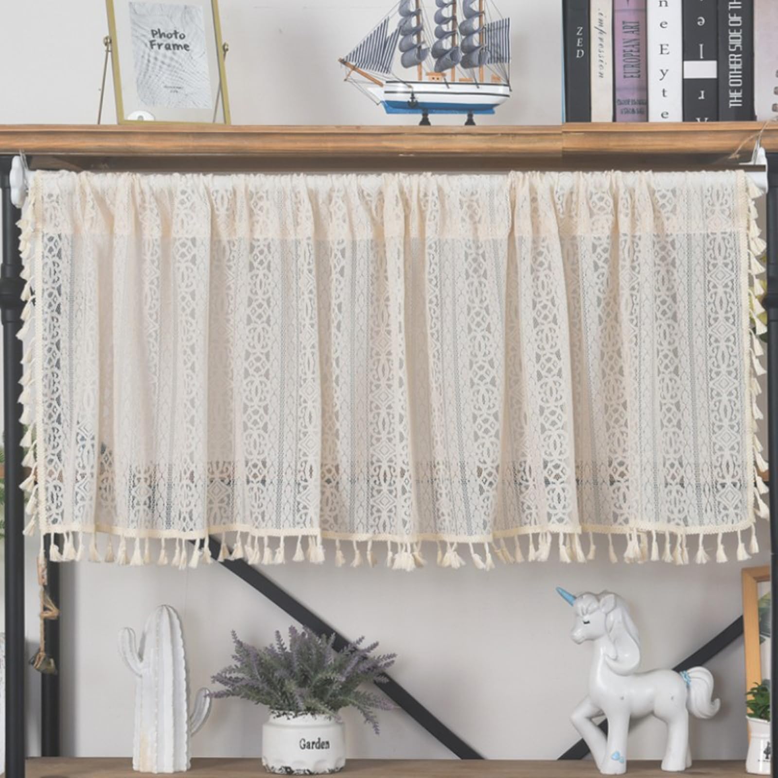 Rideau court beige en dentelle ajourée 150x94cm KnSam