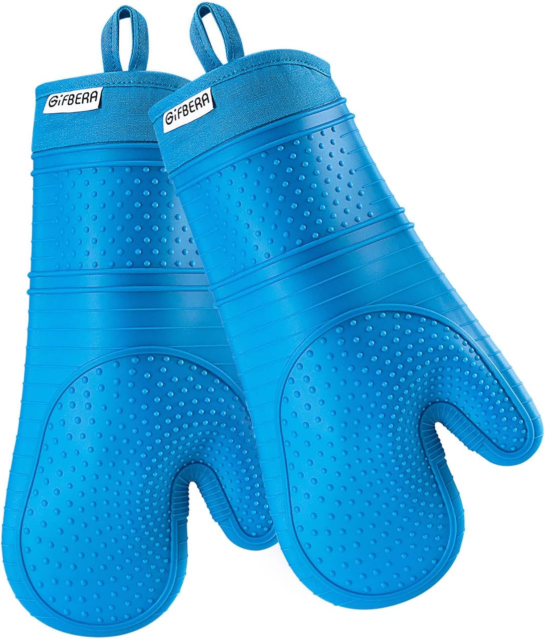 GiFBERA Silicone Oven Mitts Superb Heat Resistant - Non-Slip and Waterproof Flexible Oven Gloves with Thicker Quilted Lining for Baking, Cooking and Grilling, Set of 2, Blue