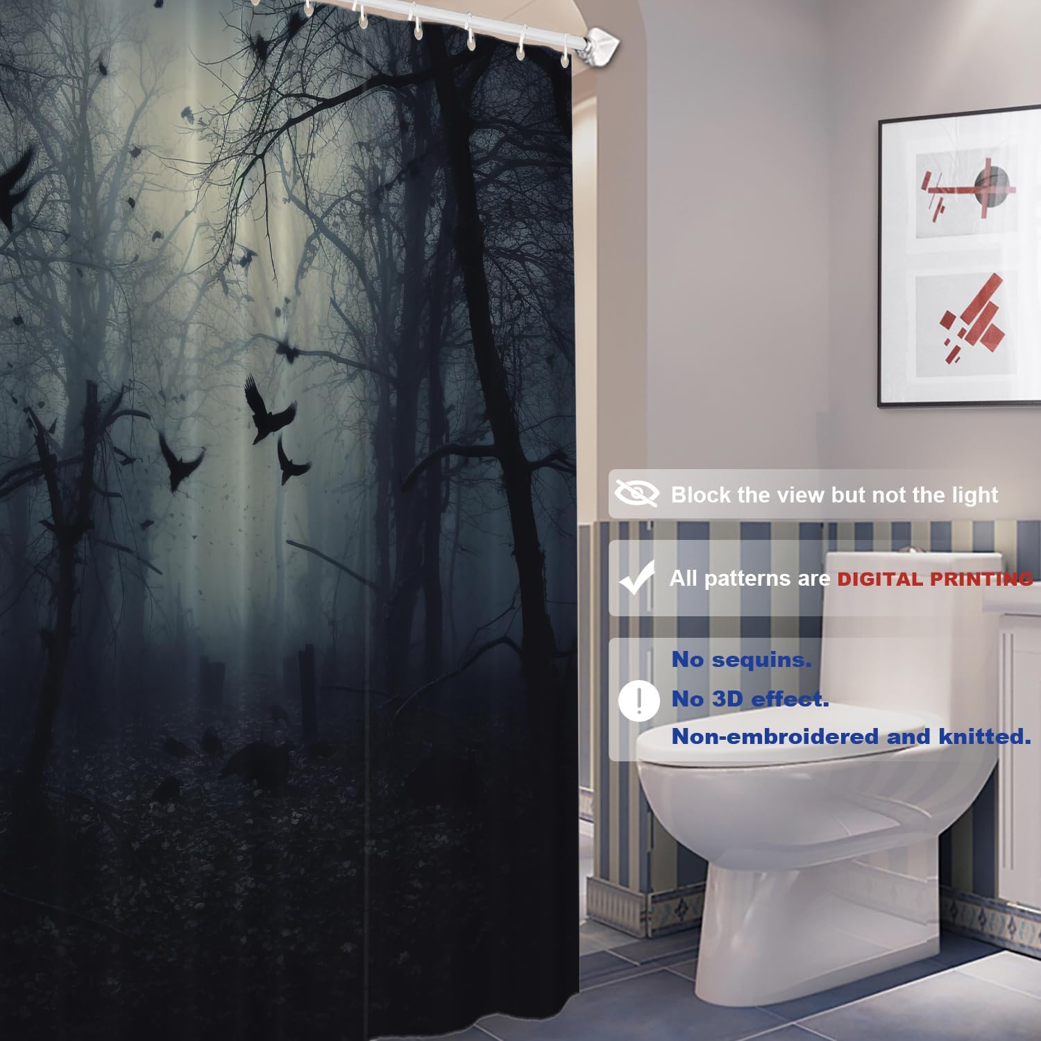 Batmerry Spooky Forest Halloween Decor Shower Curtain, School Foggy Natural Black Horror Fog Bathroom Decor Polyester Fiber Plastic Rings Quick-Drying Waterproof for Bathtubs/Bathroom, 72x60 inches