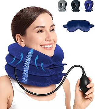 Adjustable Cervical Traction Device - Inflatable Neck Stretcher with Eye Mask, Neck Traction Device for Neck Pain Relief, Cervical Support Pillowr for Travel, Work & RelaxationBlue
