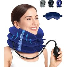 Neck Stretcher Adjustable   Neck Brace Pillow with Eye Mask, Cervical Neck Traction Device for Neck Pain Relief & Decompression, inflatable Neck Support for Home,Car, Travel & Office Blue