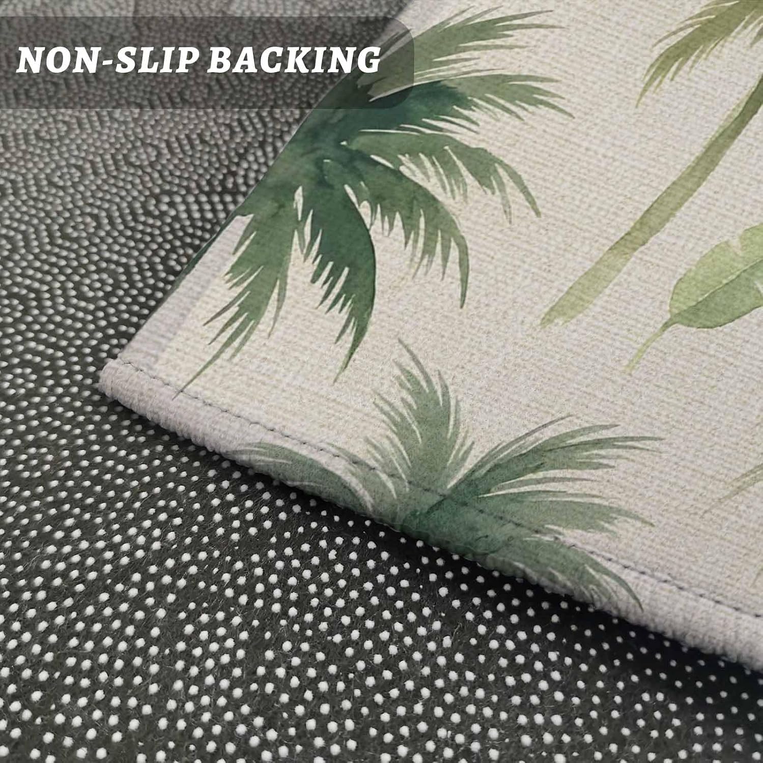 Teamery Kitchen Mats for Floor Summer Coastal Green Palm Tree Birds Washable Non Slip Kitchen Rugs 1PCS, Vintage Linen Absorbent Standing Mats for Sink Bathroom Office Living Room 23.6x70.9in