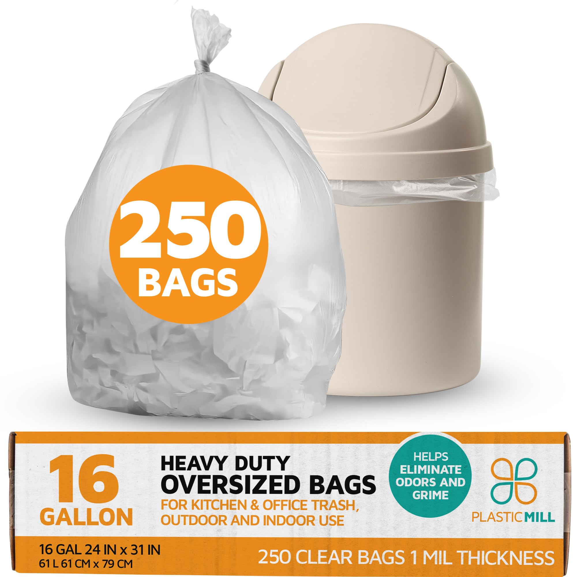 PlasticMill Heavy Duty Trash Bags - Clear Garbage Bags - Plastic Trash Bags - Kitchen, Bathroom, Office Garbage Bags, Trash Can Liners - 12-16 Gallon,