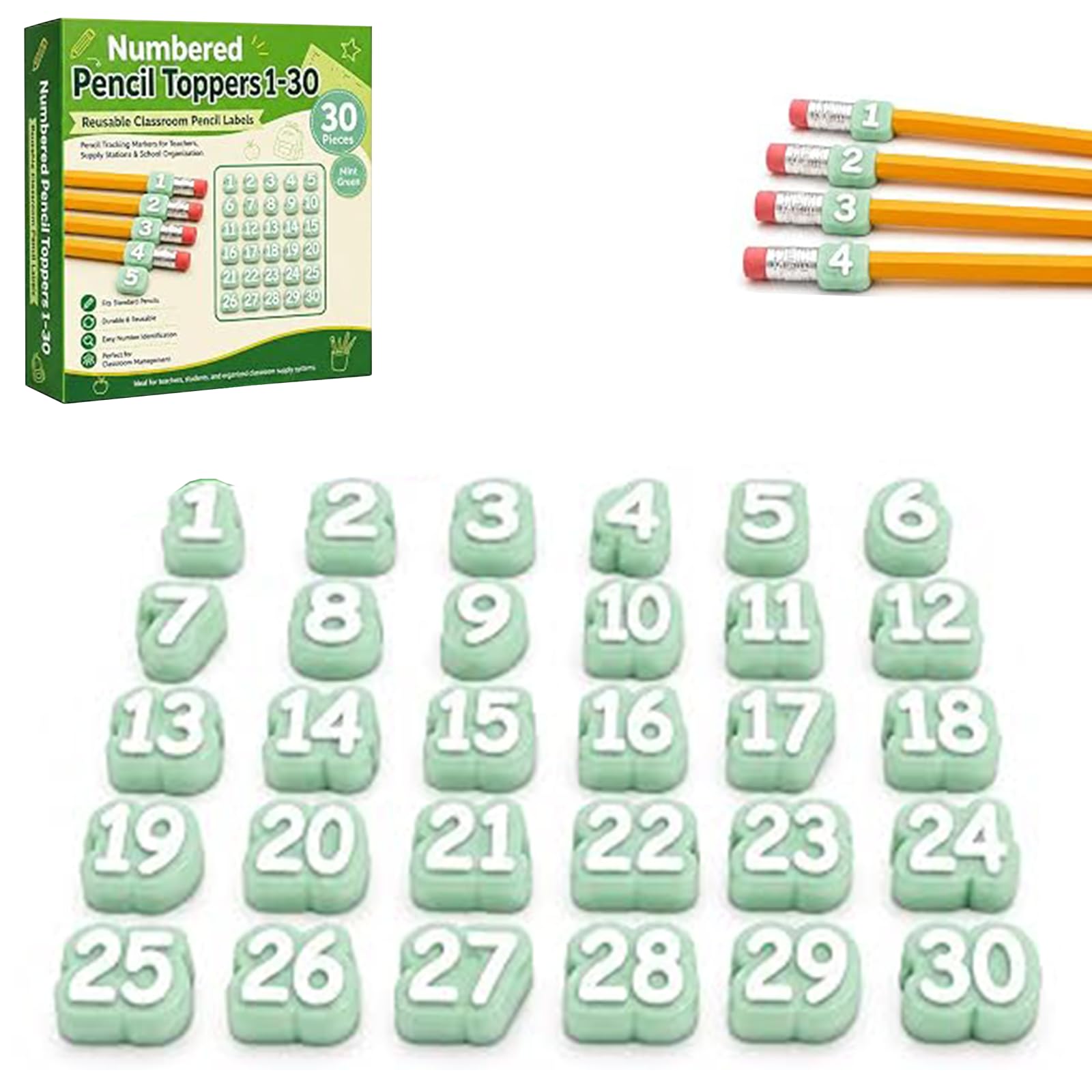 20/30/50 Pcs Numbered Pencil Toppers, Reusable Classroom Pencil Labels for Supply Tracking Station & Organization, Classroom Management Must Haves for Teachers (Green, Number 1-30)