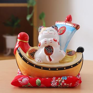 Ceramic Lucky Sailboat White Wealth Cat Mascot, 16cm 6.3in, Creative Feng Shui Lucky Cat Statue