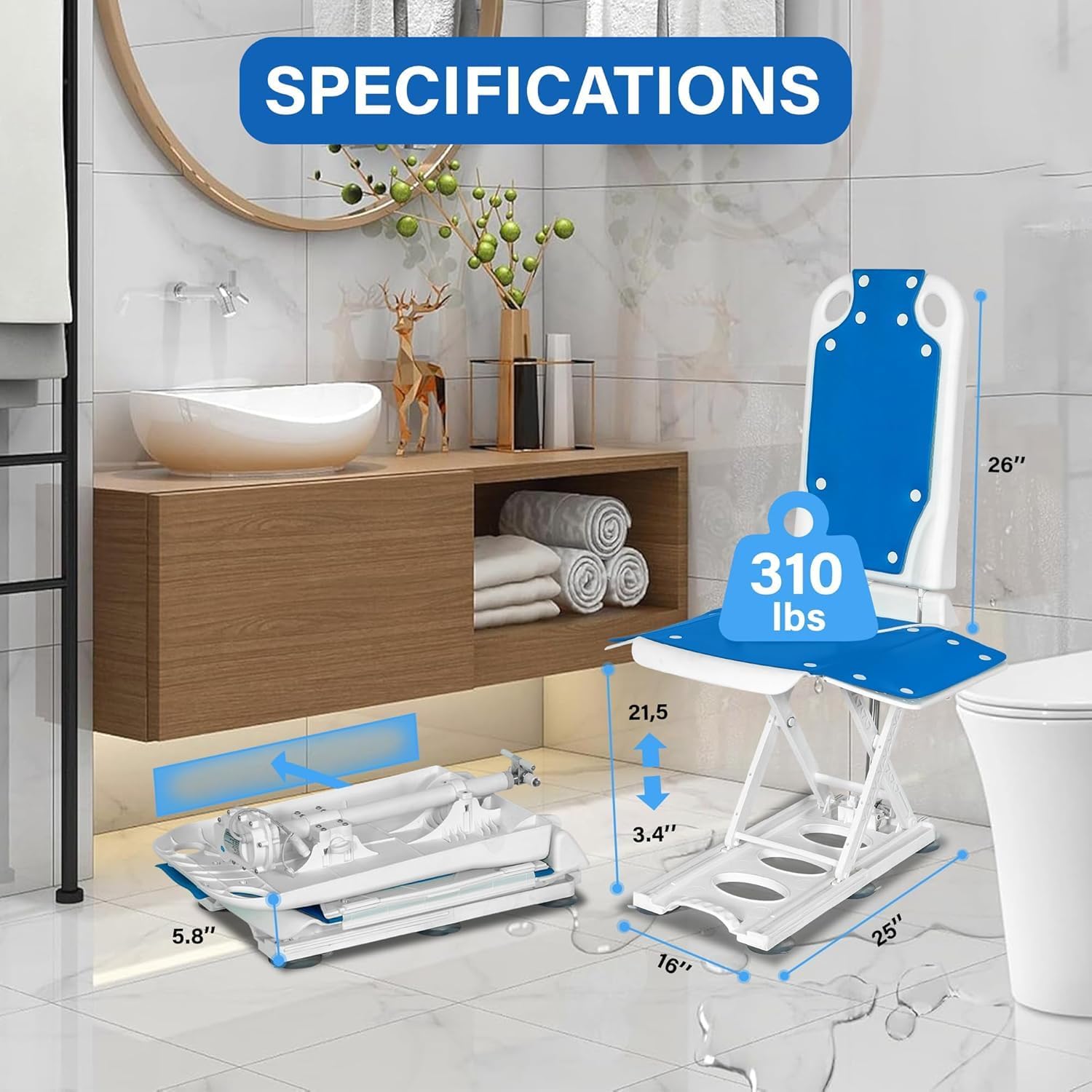 Platinum Health Tranquilo Premium Electric Bath Lift with Padded, SAFESWIVEL Rotating SEAT and Electric Recline. 300lb. Lifting Capacity and Extra High Lifting Range up to 21.5 inches.