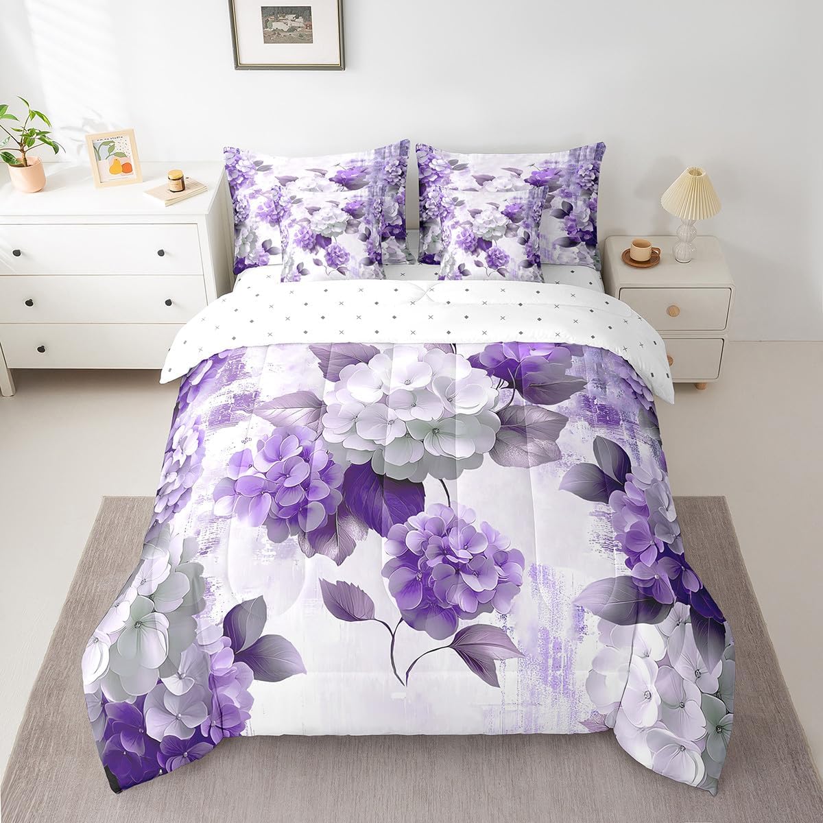 Chic Floral Bed in a Bag 7-Piece for Girls Women Hydrangea Flower Bedding Set, Purple Ombre Queen Size Comforter Set Gradient Oil Painting Bedding Comforter Sets, Vintage Watercolor Bed Set