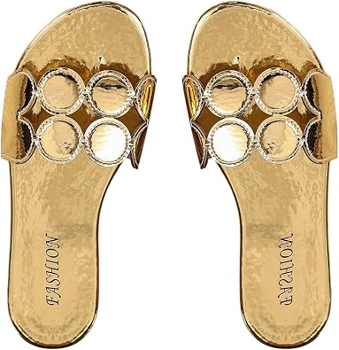 GORGLITTER Womens Gold Strappy Flat Sandals Dressy Fancy Metallic Open Toe Sandals Summer Slip on Wedding Slides