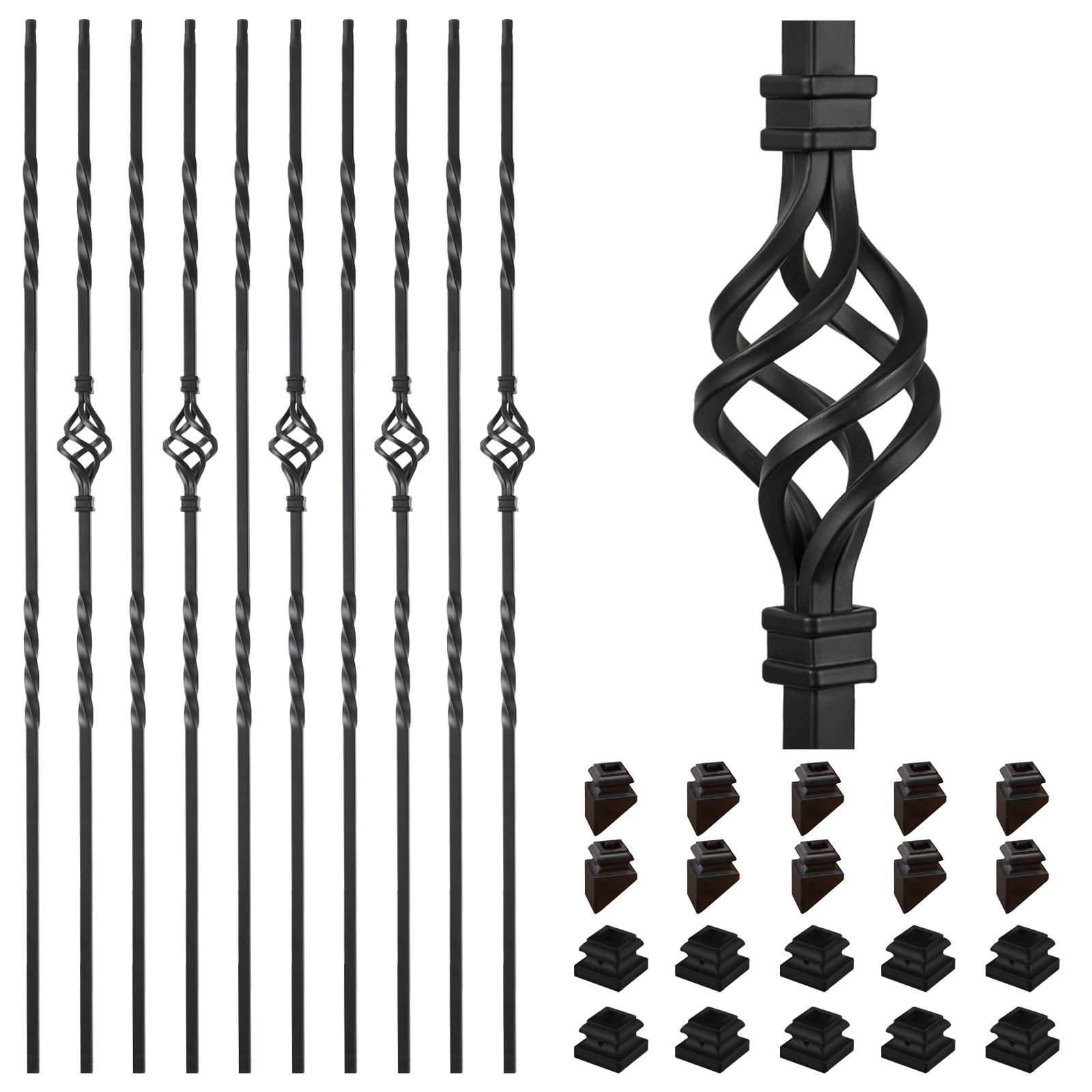 10 Pack Staircases Iron Balusters -1/2'' Square Hollow Metal Spindles with Single Basket and Double Twist Design, Includes 10 Flat Shoes & 10 Angle Shoes