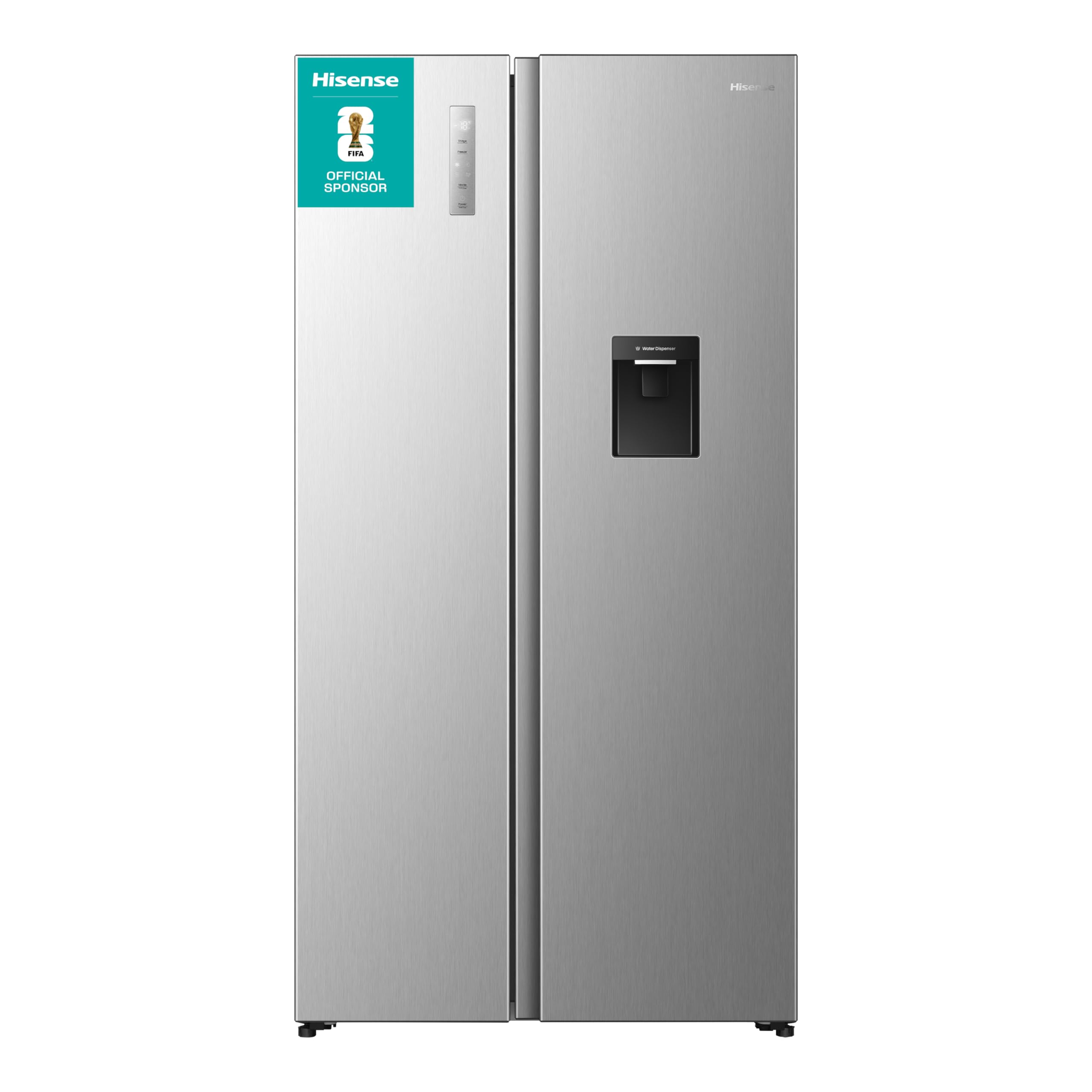 Hisense PureFlat 541L American Fridge Freezer RS3P558NMID - with Non-Plumbed Water Dispenser, Silver - D Rated