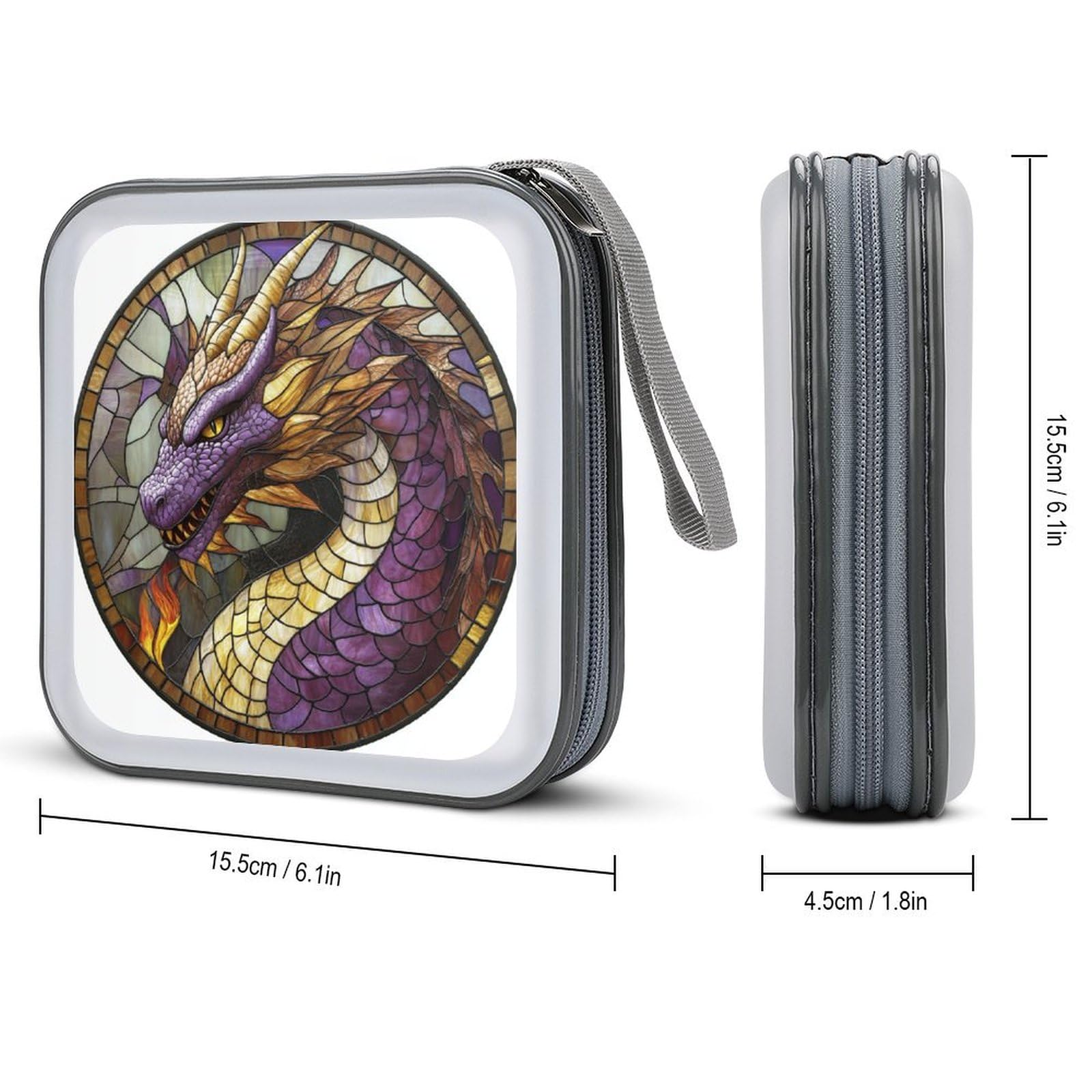 Stained Glass Purple Gold Dragon CD Case DVD Storage Case Portable for Car Home Travel