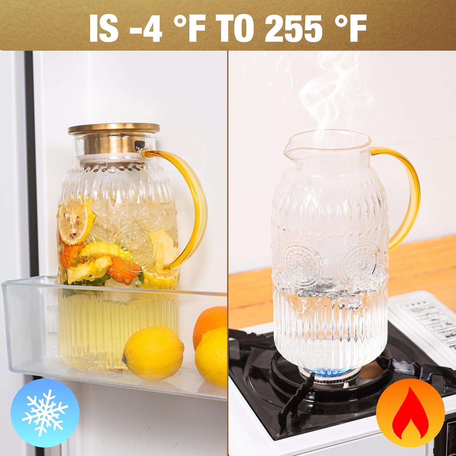 2 Litres Carafe en Verre, Pichet en Verre avec Acier Inoxydable Couvercle Bec Verseur Anti-Fuites, Résistante à la Chaleur Carafe Eau pour Chaude Boisson Maison Vin de Service Thé Glacé
