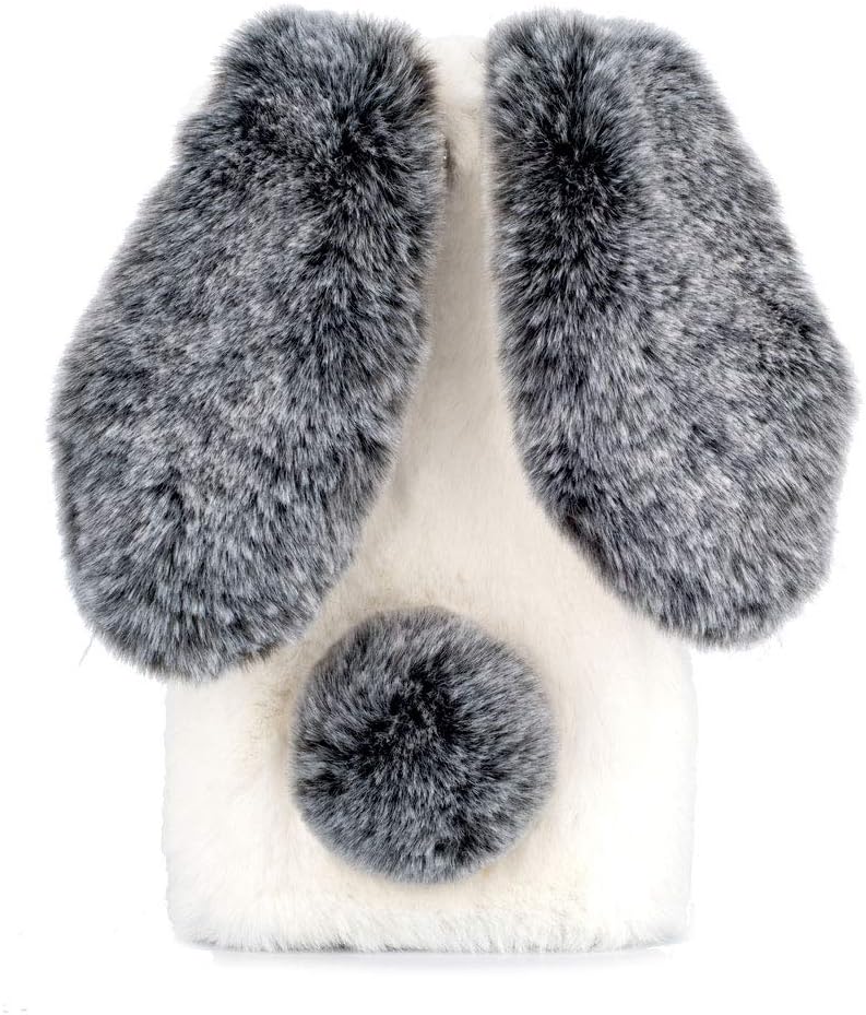 Cute Rabbit Case Plush Cover for iPhone XR Case Super Soft Warm Fluffy Furry Bunny Ears Shockproof Back Case Cover Chic Bling Crystal Diamond Bowknot Case -White gray