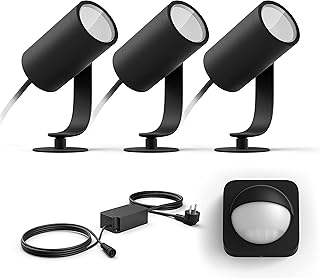 Philips Hue Lily Basis set mit 3 Gartenstrahler (Anthrazit) - Weißes und Farbiges Licht - inkl. 1 Stromkabel, 1 Hue Bewegungsmelder für Außen - Gartenbeleuchtung - Hue White and Color Ambiance