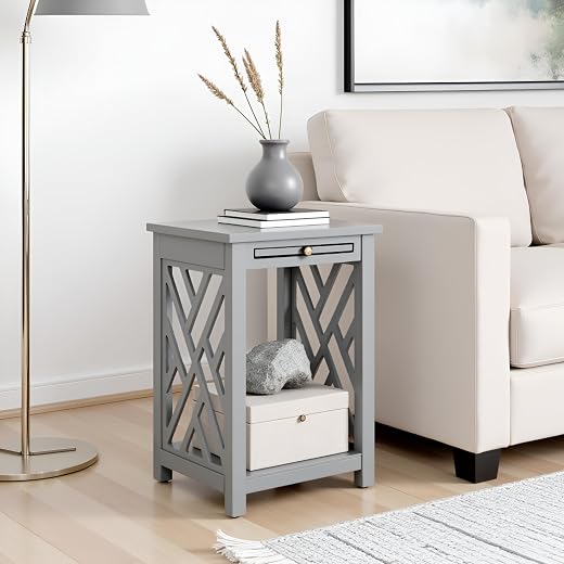 Alaterre Furniture Coventry Wood End Table with Pull-Out Tray, Bottom Shelf, and Open Square Side Panels – Easy Assembly C...