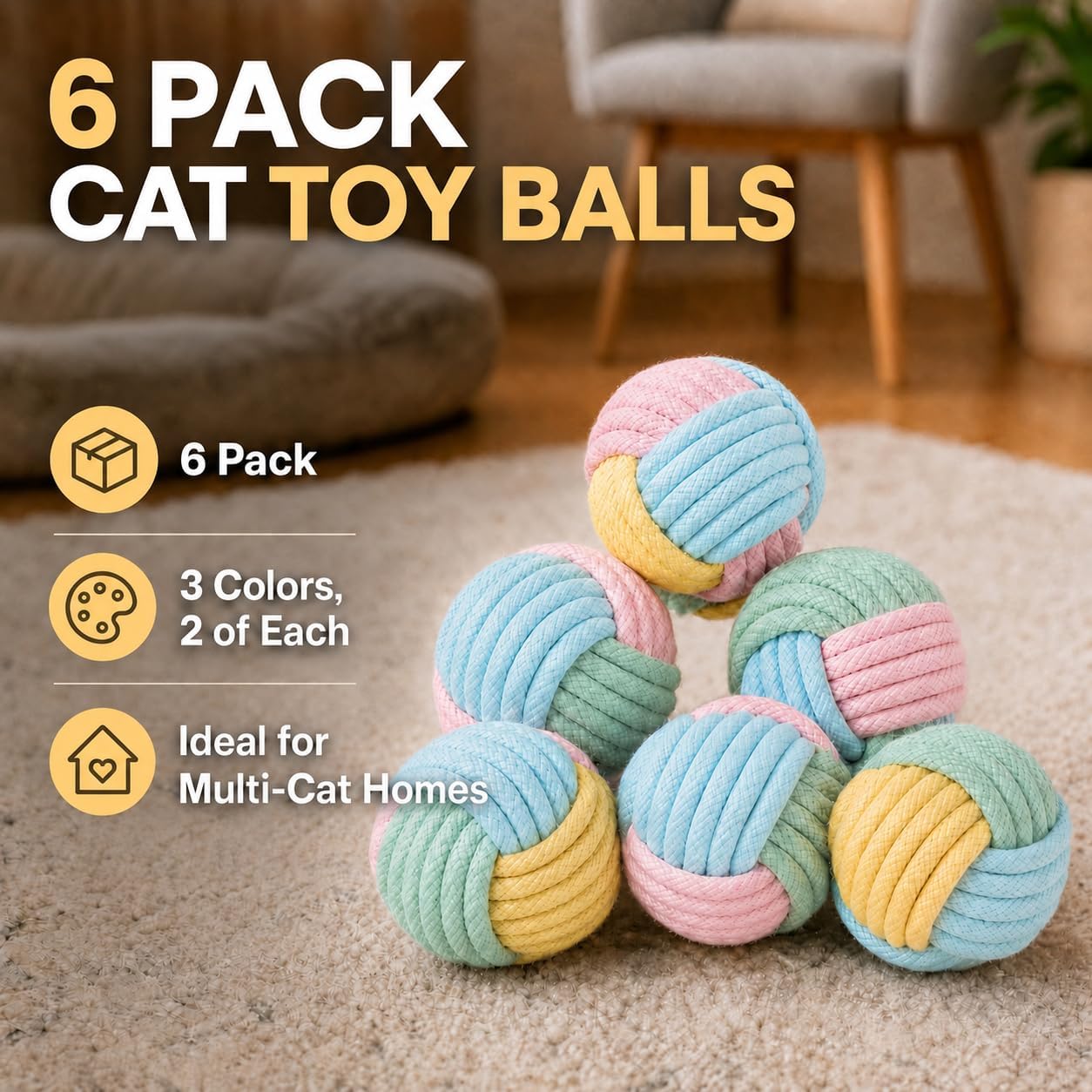 Kitten Toys & Cat Toys for Indoor Cats: 6 Pack Interactive Cat Toy Balls | Cotton Rope and Yarn, Built-In Bell Sound, Chew-Friendly Texture, Encourages Chasing and Pouncing, Redirects Chewing