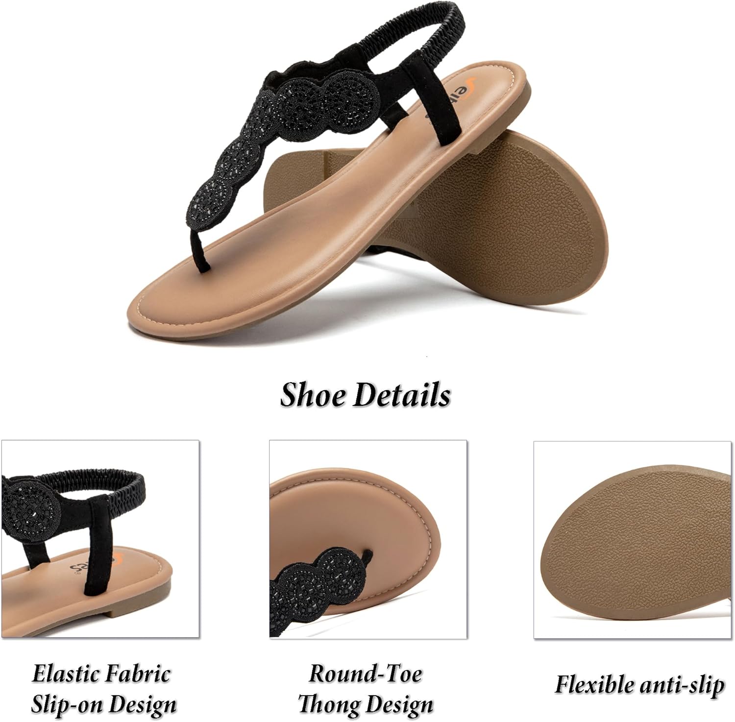 Veittes Women's Bohemian Bling Flat Slide Sandals - Casual Summer Thong Sandals with Rhinestone Decor, Rubber Sole, Lightweight & Comfortable Ankle StrapThong Summer Sandals. - Image 5