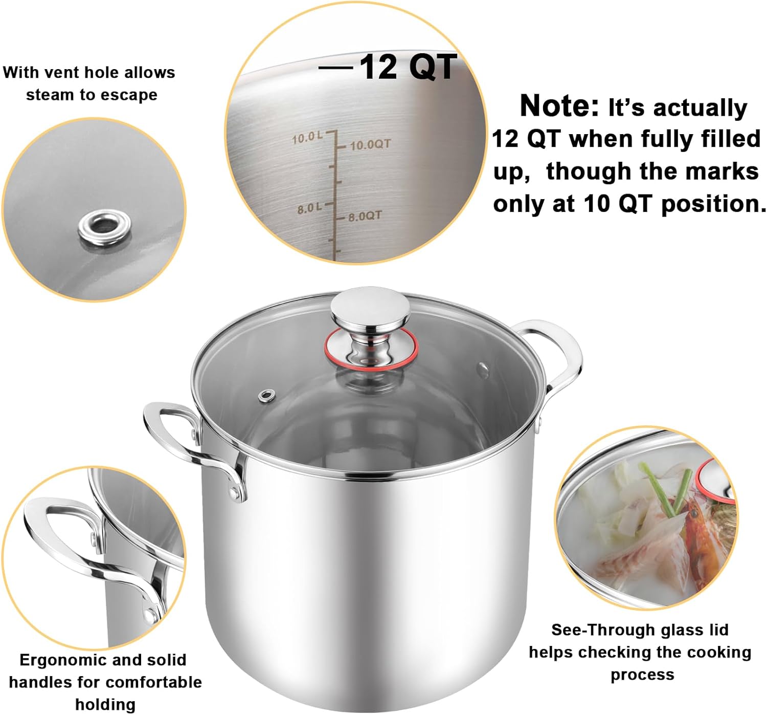 TeamFar 12 Quart Stock Pot, 18/10 Stainless Steel Large Cooking Soup Pot with Lid for Simmering/Stewing, for Induction/Gas/Ceramic, Healthy & Heavy-Duty, Riveted Handles & Dishwasher Safe
