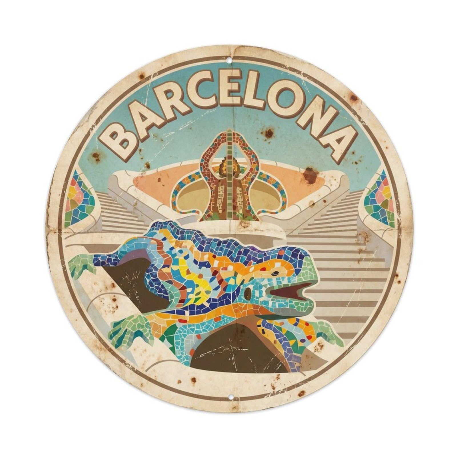 Vintage Travel Barcelona Park Guell 1 Metal Tin Sign Plaque Wall Decor for Cafe, Club Bar, Office, Home Garden Round Metal Poster 8x8Inch
