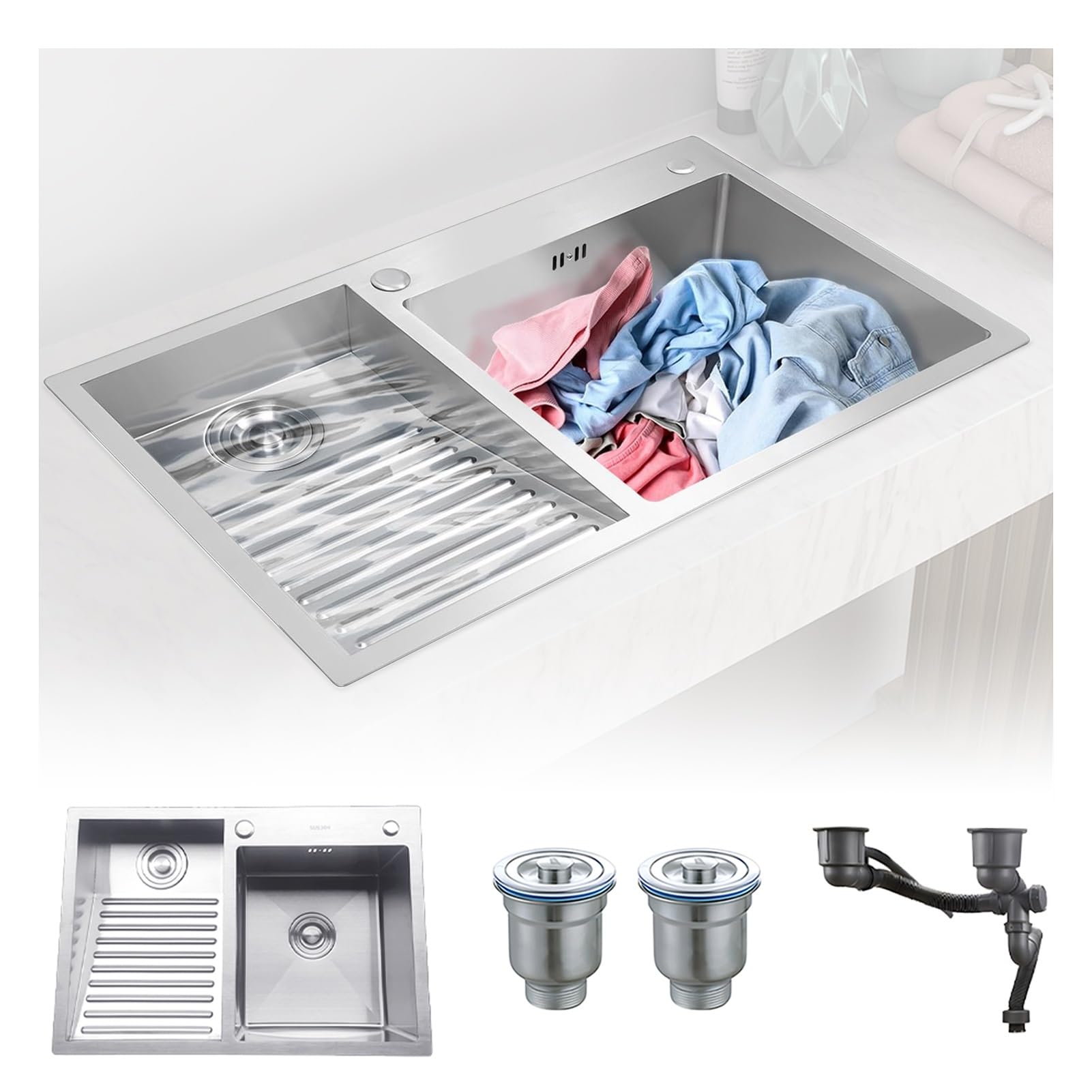 Évier à linge double cuve en acier inoxydable argent avec robinet d'angle et plan de lavage