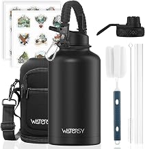 WATERSY 2L Thermal Bottle, Bottle with 2 Lids Stainless Steel 40oz BPA-Free Water Flask with Double Wall Straw for Cold 48h/Heat 24h, for Gym, Travel and Sport (Black)
