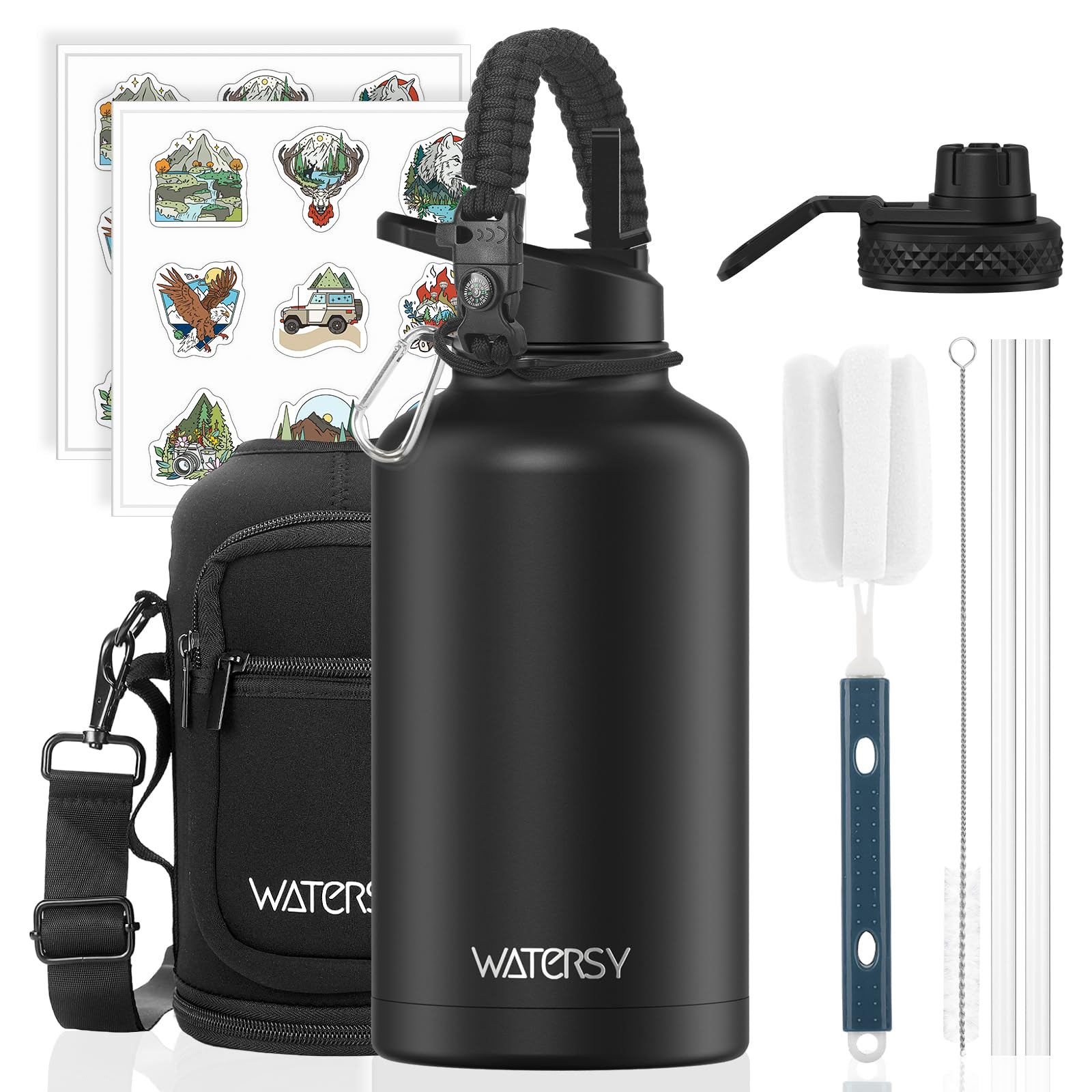 WATERSY Isolierte Edelstahl Trinkflasche 64oz Vakuumisolierte Thermosflasche mit 2 Deckel Auslaufsichere Wasserflasche 1890 ml Doppelwand Flasche Metall Sport für Sport, Camping, Gym