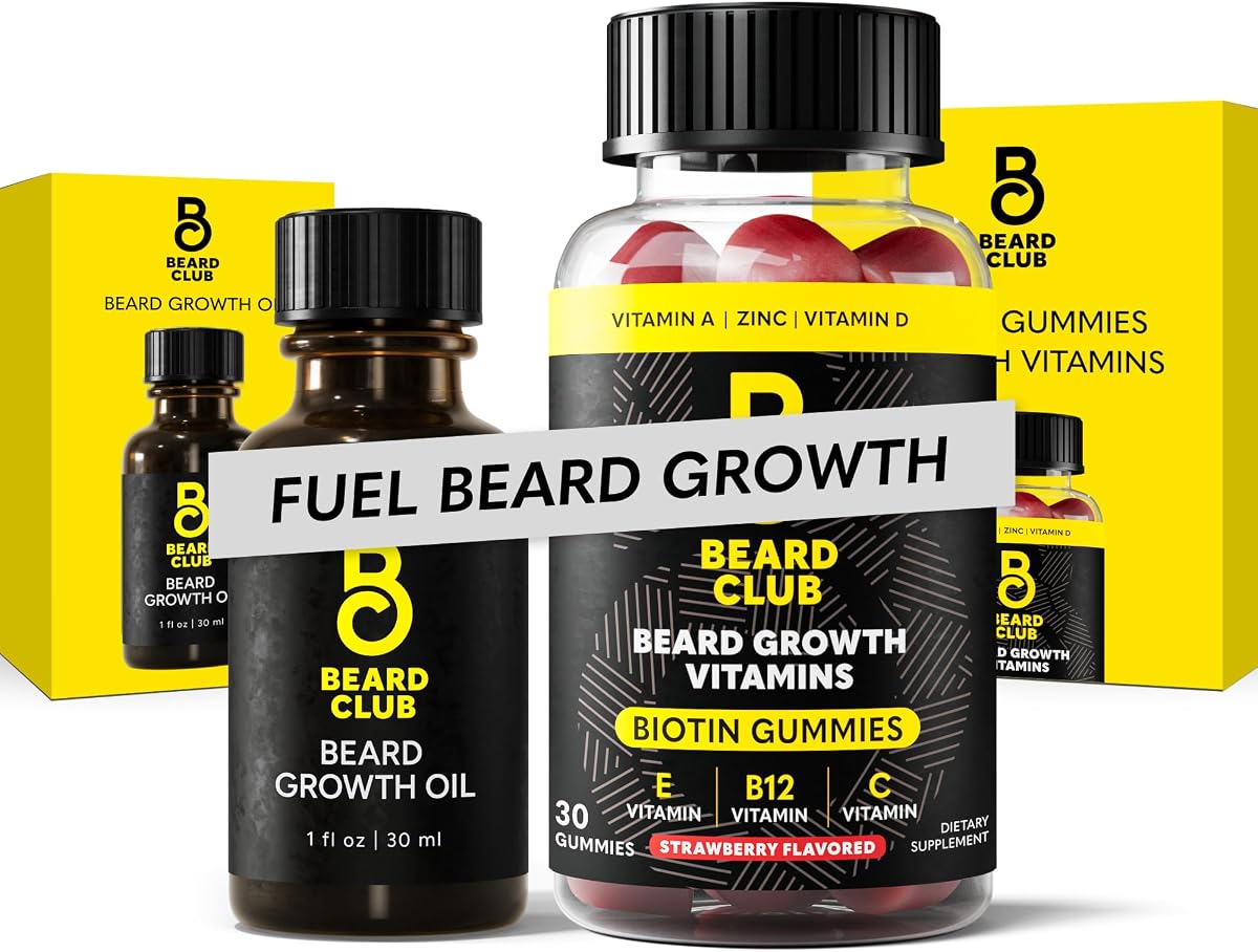 The Beard Club Paquete de aceite para el crecimiento de la barba y gomitas de vitaminas – Kit de aseo para hombres con aceite de ricino natural y suplemento de gomitas de biotina – Apoya el crecimiento del cabello facial más grueso y completo desde dentro