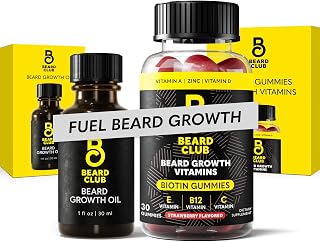 The Beard Club 수염 성장 오일 및 비타민 젤리 번들 - 천연 캐스터 오일 및 비오틴 젤리 보충제가 포함된 남성용 그루밍 키트 - 내부에서 두껍고 풍성한 얼굴 털 성장 지원