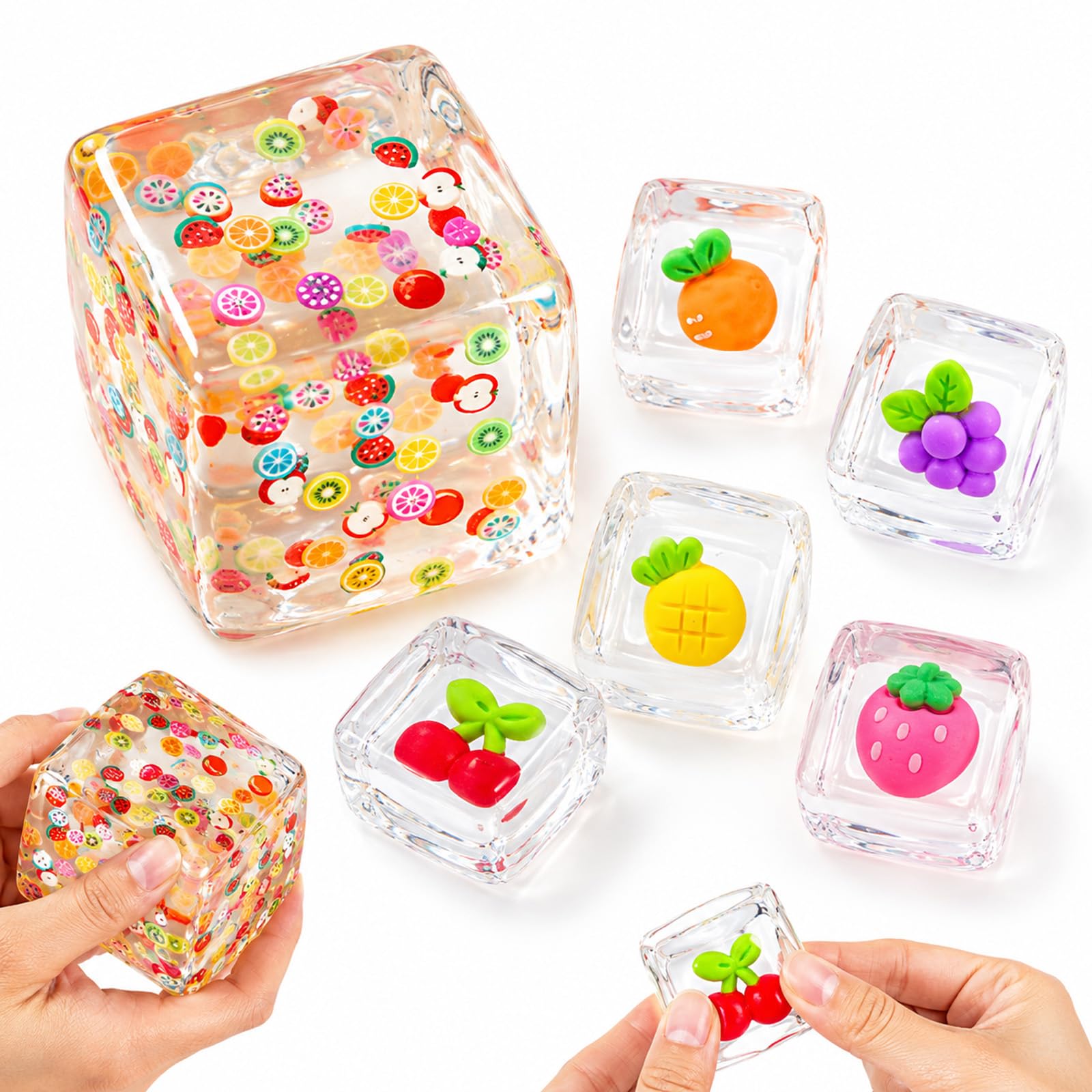 6 PCS Squishy Cube, Fruit Squishy, Delightful Items, Mix of Transparent Ice - Like and Small Cubes, Ideal for Office Workers, Home Relaxers, and Decor Lovers