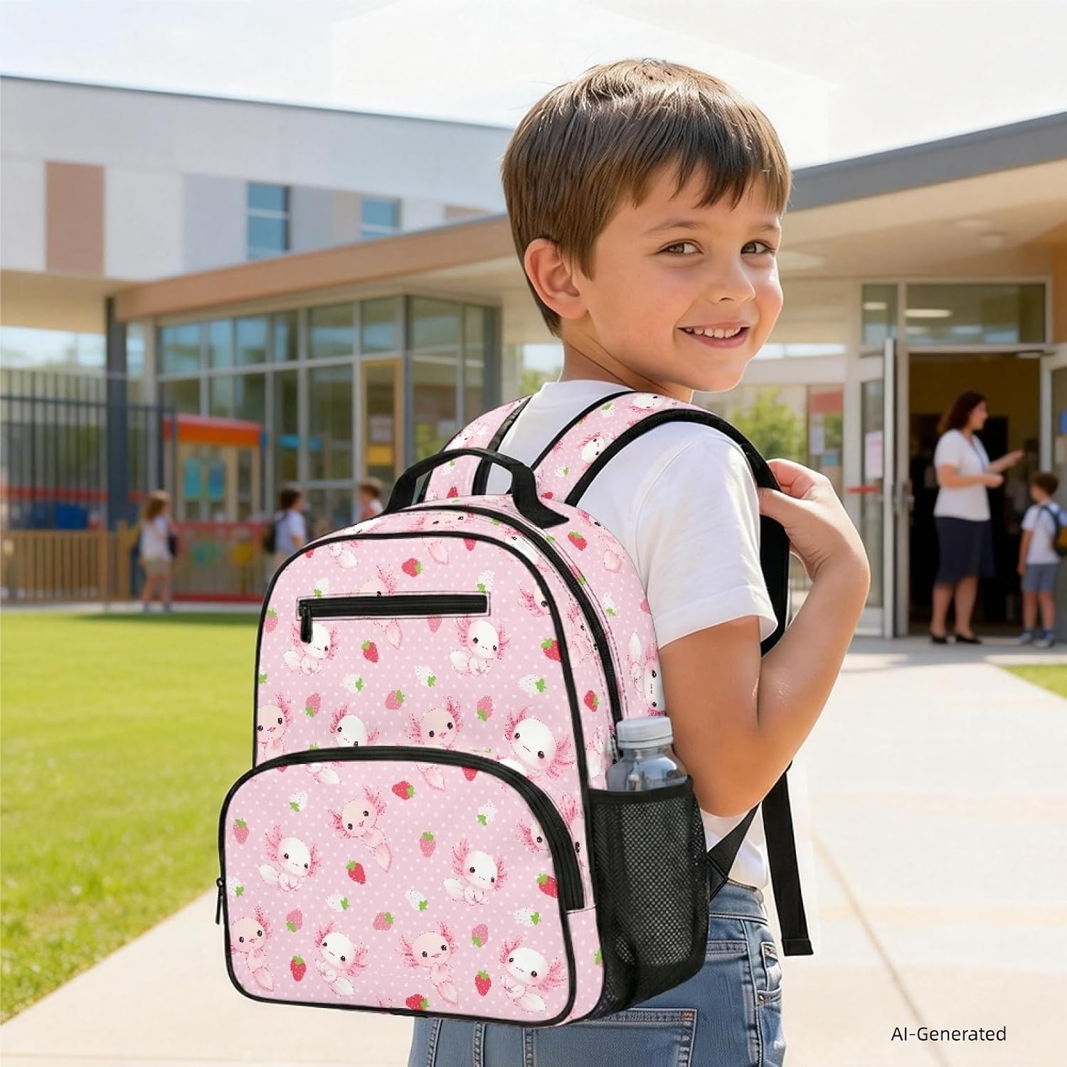 Pink Axolotl Kids Backpack 13.5 Inch– For Kindergarten Ages 3-5, 8L Capacity. Adjustable Chest Clip + Ergonomic Back Support. Side Mesh Pockets Fit 12oz Water Bottles image 2