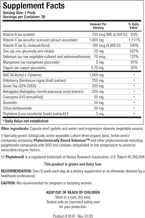 BIOTICS Research Immune Support Packs NAC 1000mg Vitamin C, D, Elderberry