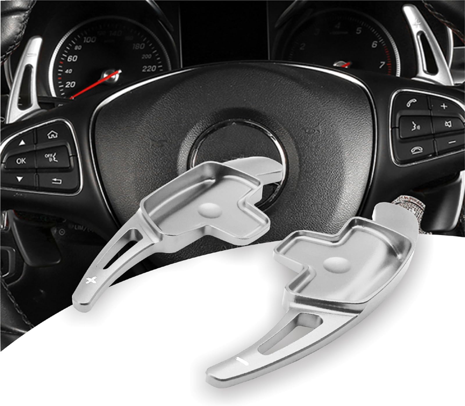 Aluminum-Alloy Steering Wheel Paddle Shifter Extension Compatible with Mercedes Benz A B C CLA CLS E G GL GLA GLC GLE GLS Metris S SL SLC Class（Model B-Silver)