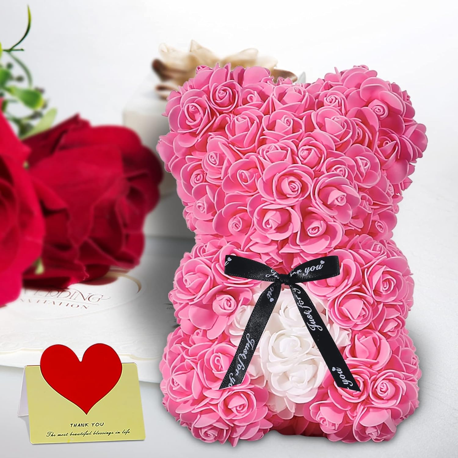Double Couple Gift for Mom Women-Rose Cute Bear - Rose Adorable Teddy Artificial Bear - Best Gift for Valentines Day, Mothers Day, Anniversary, Birthdays- Clear Gift Box Included!10 Inches Tall