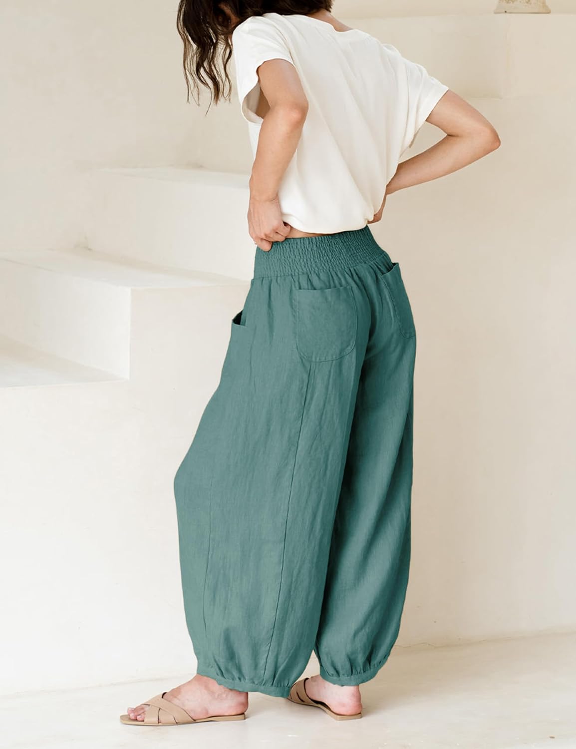 Xiaoxuemeng Womens Wide Leg Pants Cotton Linen Barrel Pants Elastic Waisted Lounge Trousers with Pockets - Image 9