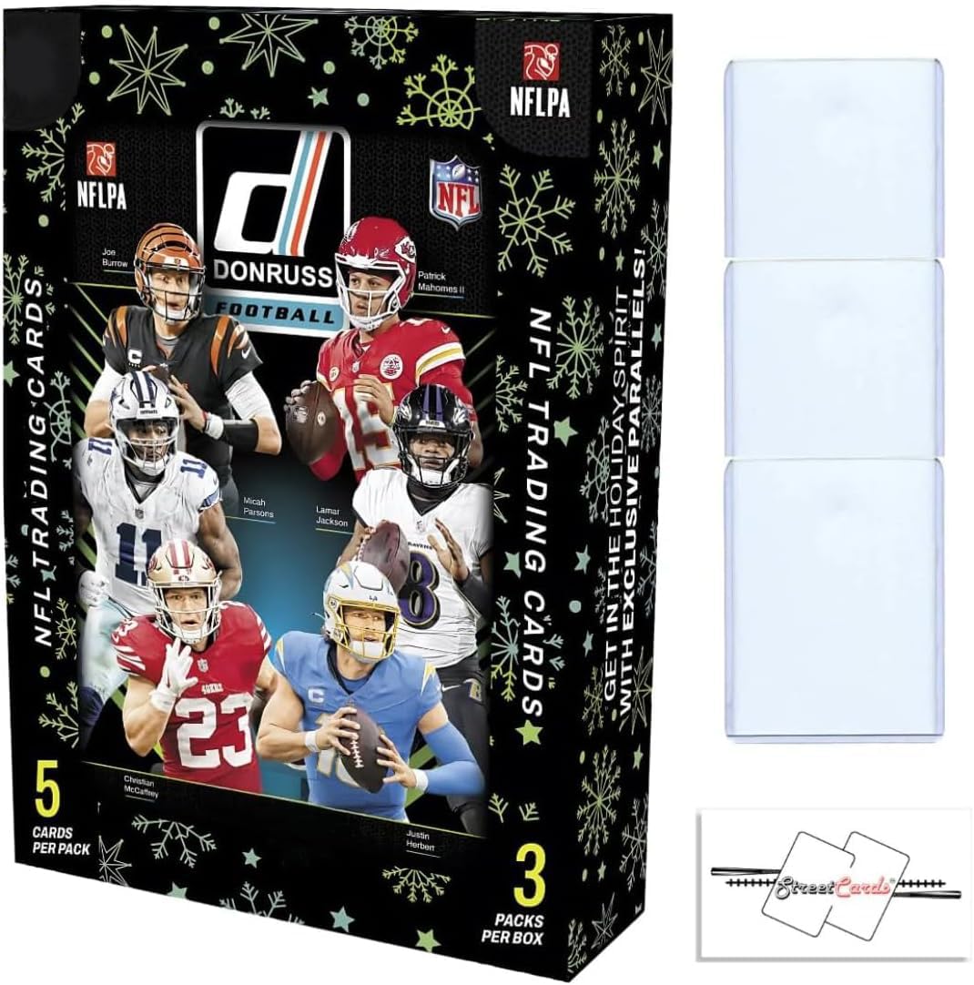 Panini Donruss Football NFL - Lata de invierno con 15 tarjetas coleccionables + 3 cargadores superiores + imán de STREETCARDS. Busca el centro
