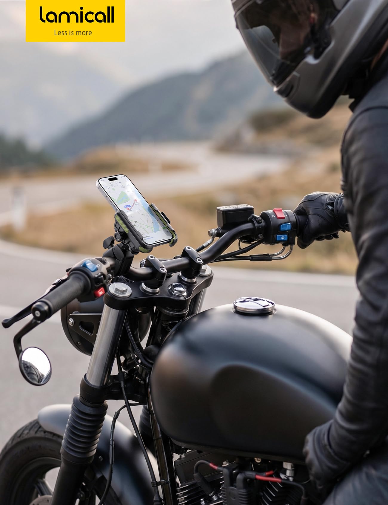 Lamicall Supporto Telefono Moto, Porta Telefono Bicicletta – [Non Copre Fotocamera] [Doppio Ammortizzatore] 1S Sblocco, 360° Rotazione, Porta Cellulare Manubrio per iPhone e Altri Smartphone de 6-7,2"