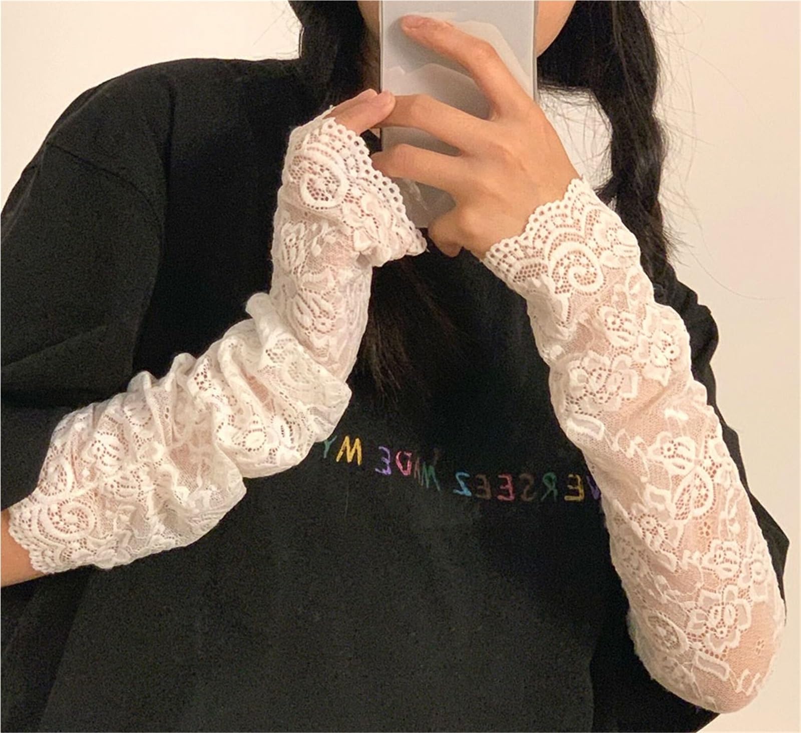 4 Pares de Guantes de conducción elásticos con Mangas de Encaje y Flores for Mujer, Elegantes, Largos, sin Dedos, Guantes de protección Solar para Boda, Graduación(Black)