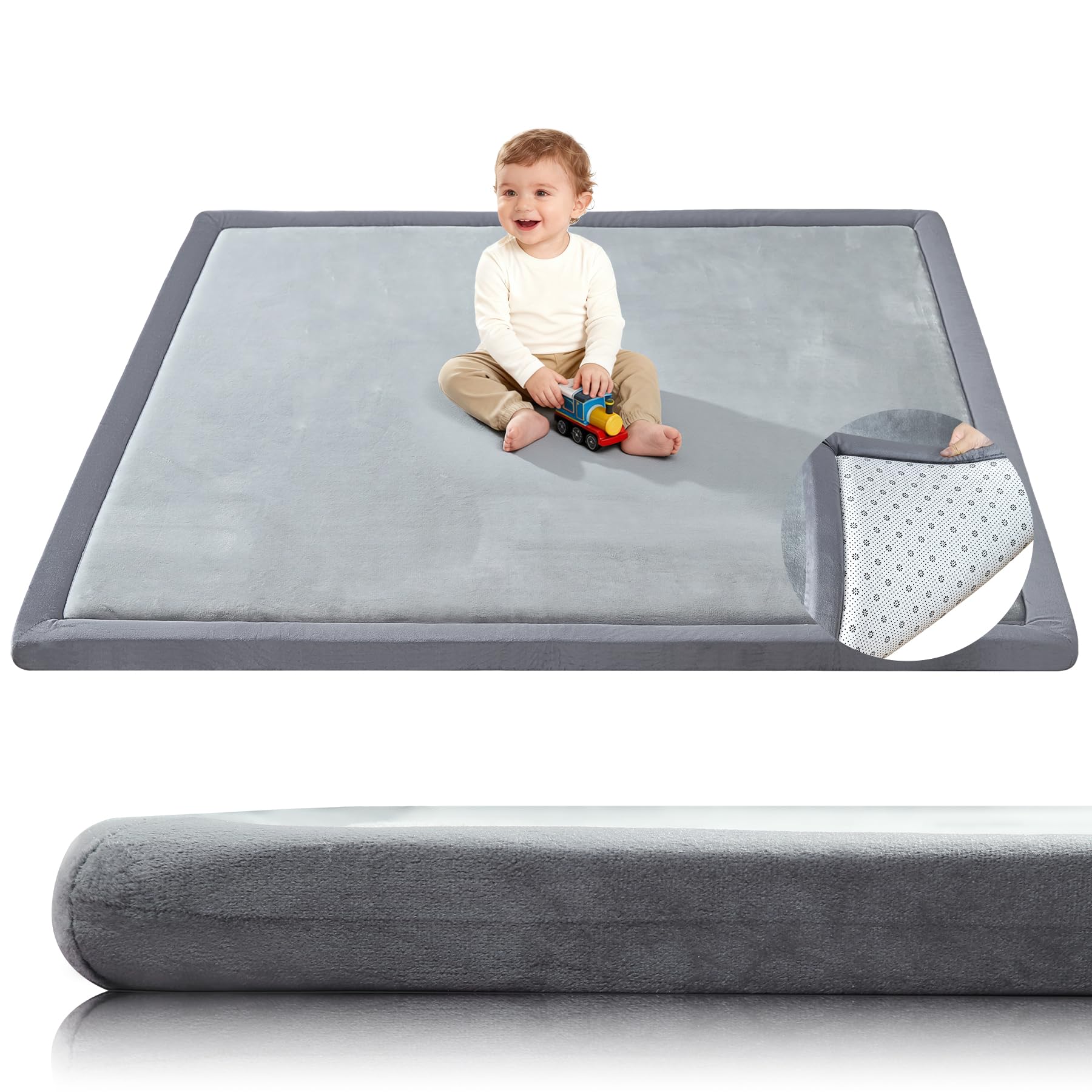 Baby Play Mat for Floor,1.3" Thick 50x50 Playpen Mat,Tummy Time Foam Mats,Plush Soft Padded Playmate for Babies 6-12 Months Crawling,Non-Slip Nursery Rug for Toddler Kids Playroom(Grey) Grey 50"x50"