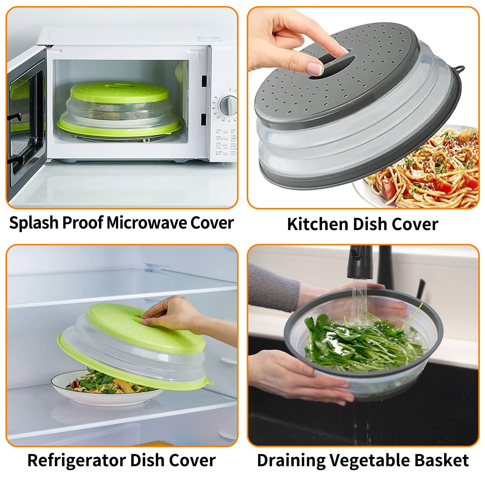 2Pcs Copertura Riscaldamento Antischizzi Microonde Pieghevole 26.5cm con Fori Vapore, Cesto Filtro Plastica con Ganci per Lavare Frutta Verdura Alimenti,Coprivivande Antispruzzo con Manico(Gris+Verde)