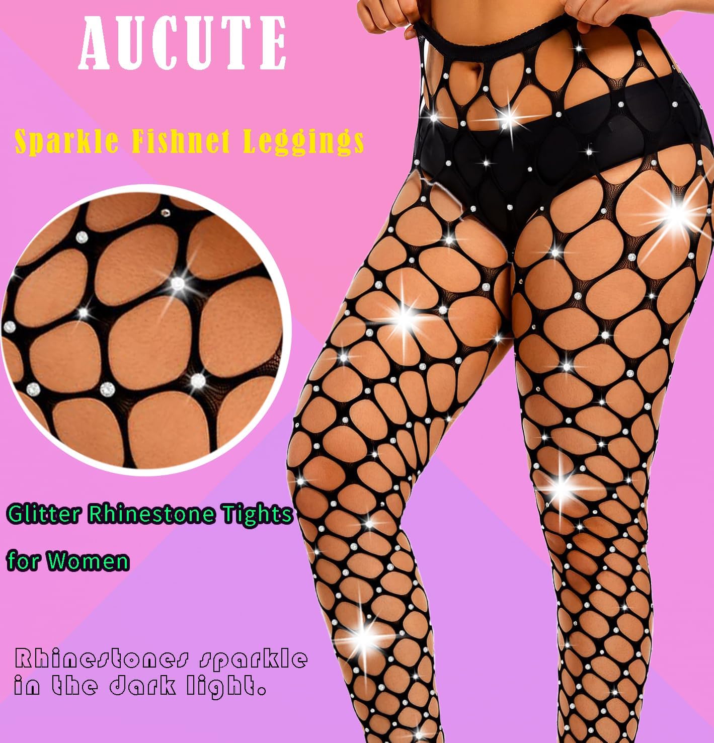 Women's High Waist Sparkle Rhinestone Tights Footless Fishnet Stockings Sexy Big Mesh Lingerie Pants - Image 2