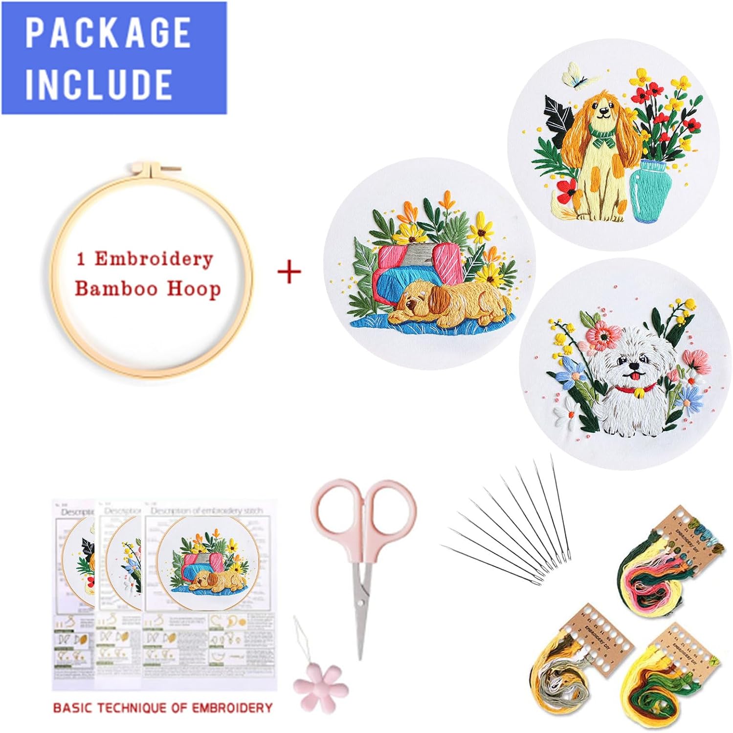 WEENEO 3 Pcs Cute Dog Embroidery Kit for Beginner, Funny Embroidery Kits for Adults, Animal with Floral Embroidery Kit with Pattern,Hoop,Colorful Threads and Needles,Cross Stitch Kits,DIY Crafts Kits image 2