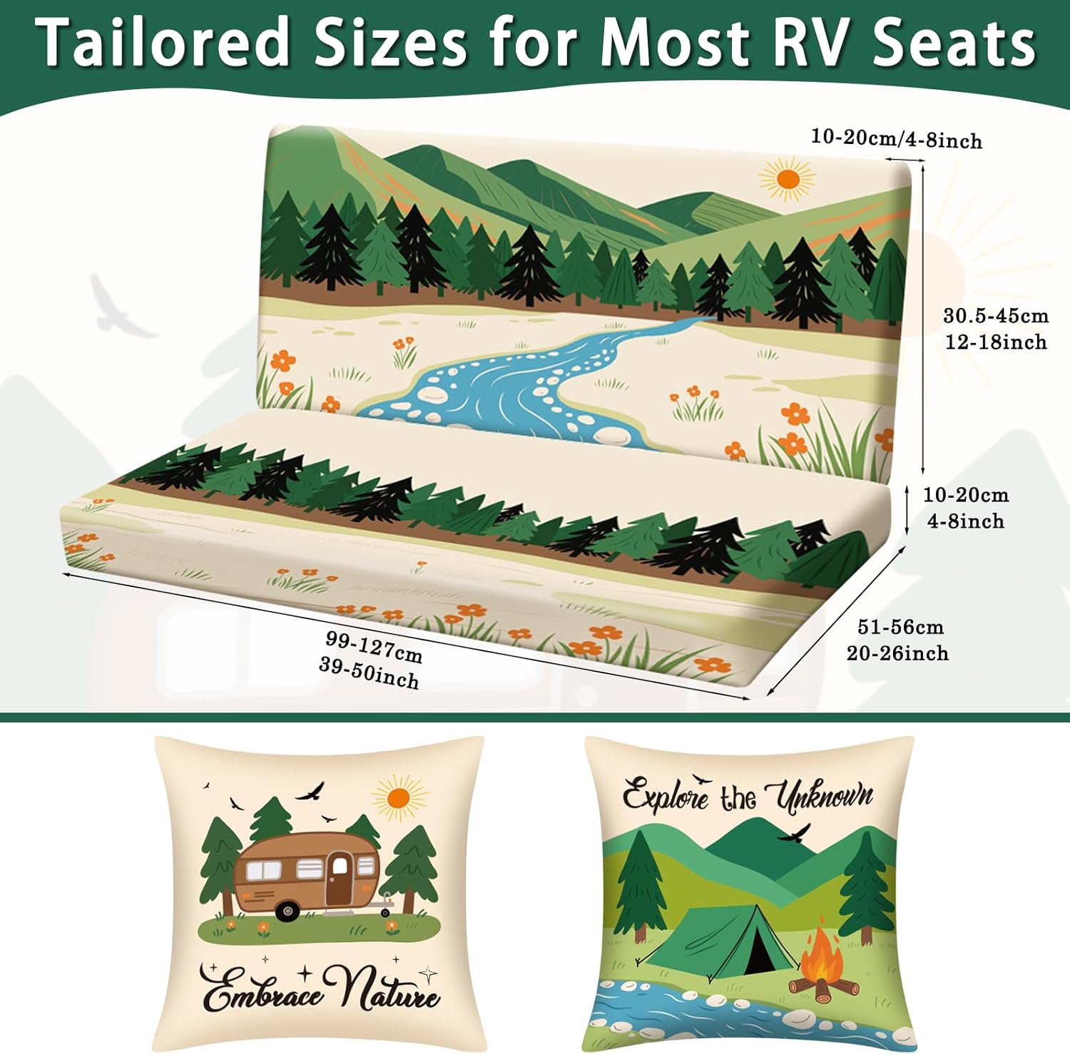 Breling 2 Set Rv Dinette Cushion Covers Stretch Washable Camper Dinette Cushion slipcovers, Rv & Camper Essentials, Loveseat Slipcovers, 2 Pillowcase, 2 Backrest and 2 Bench Coves (Mountain Landscape)