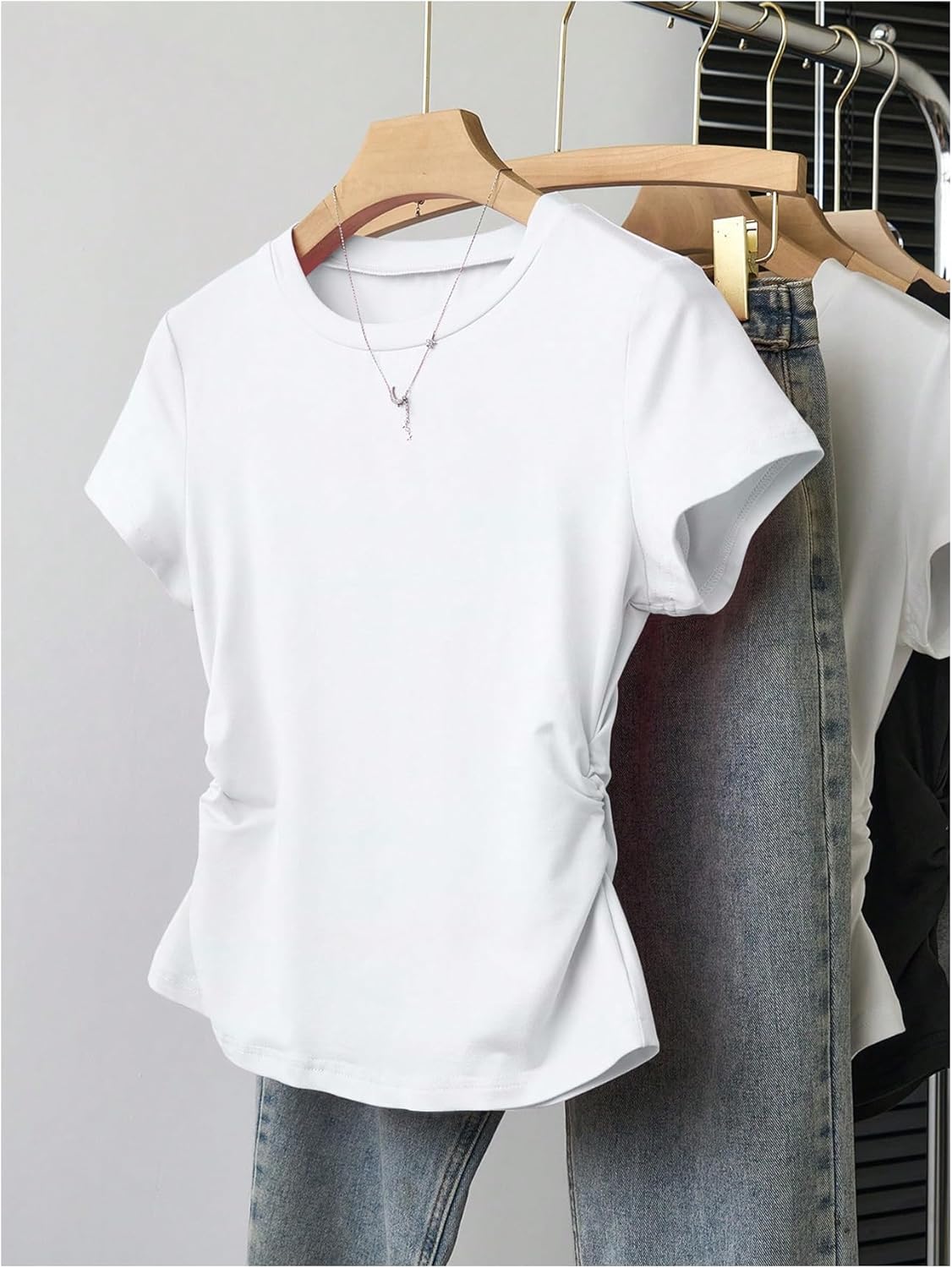 SHENHE Women's 3 Pack Short Sleeve Crew Neck T Shirts Ruched Slim Fitted Basic Tees Tops - Image 3