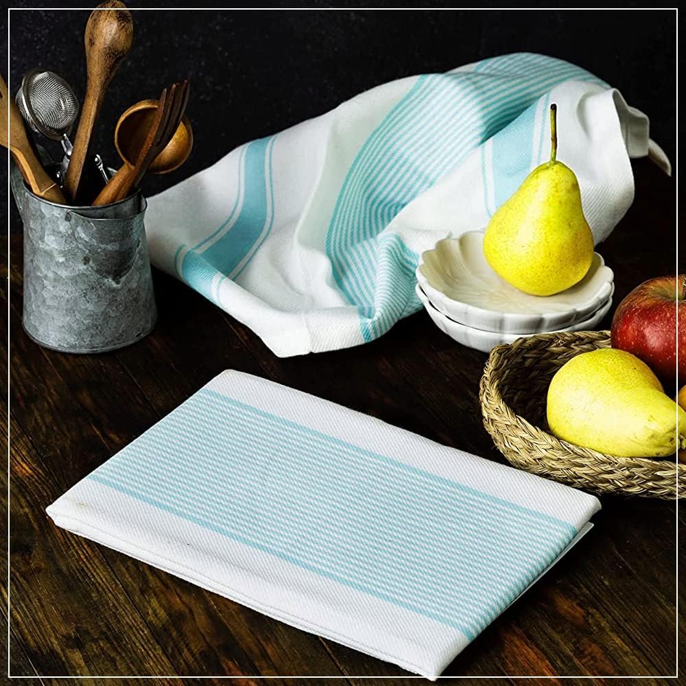 Stripe Kitchen Towels Decor Hanging Loop Dish Towels Boho Stripe Absorbent Festive Gift Set of 6 Pantry Kitchen Reversible 18x28 in Dish Towels|Vintage Farmhouse Style|Turquoise