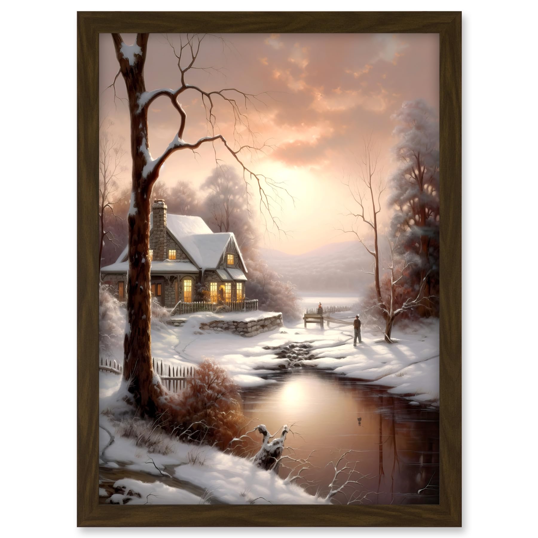 Artery8 Winter Cottage Landscape Oil Painting Snow Lake Sunset Snowy Trees Artwork Framed A3 Wall Art Print